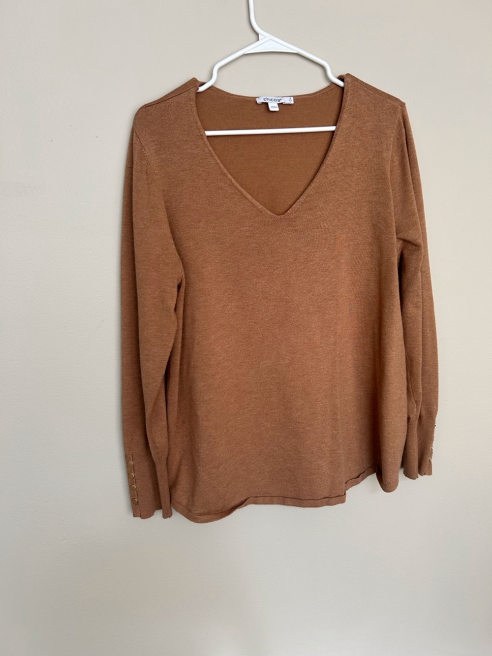 Chico's Camel Brown V-Neck Pullover Sweater, Size 2 (L)